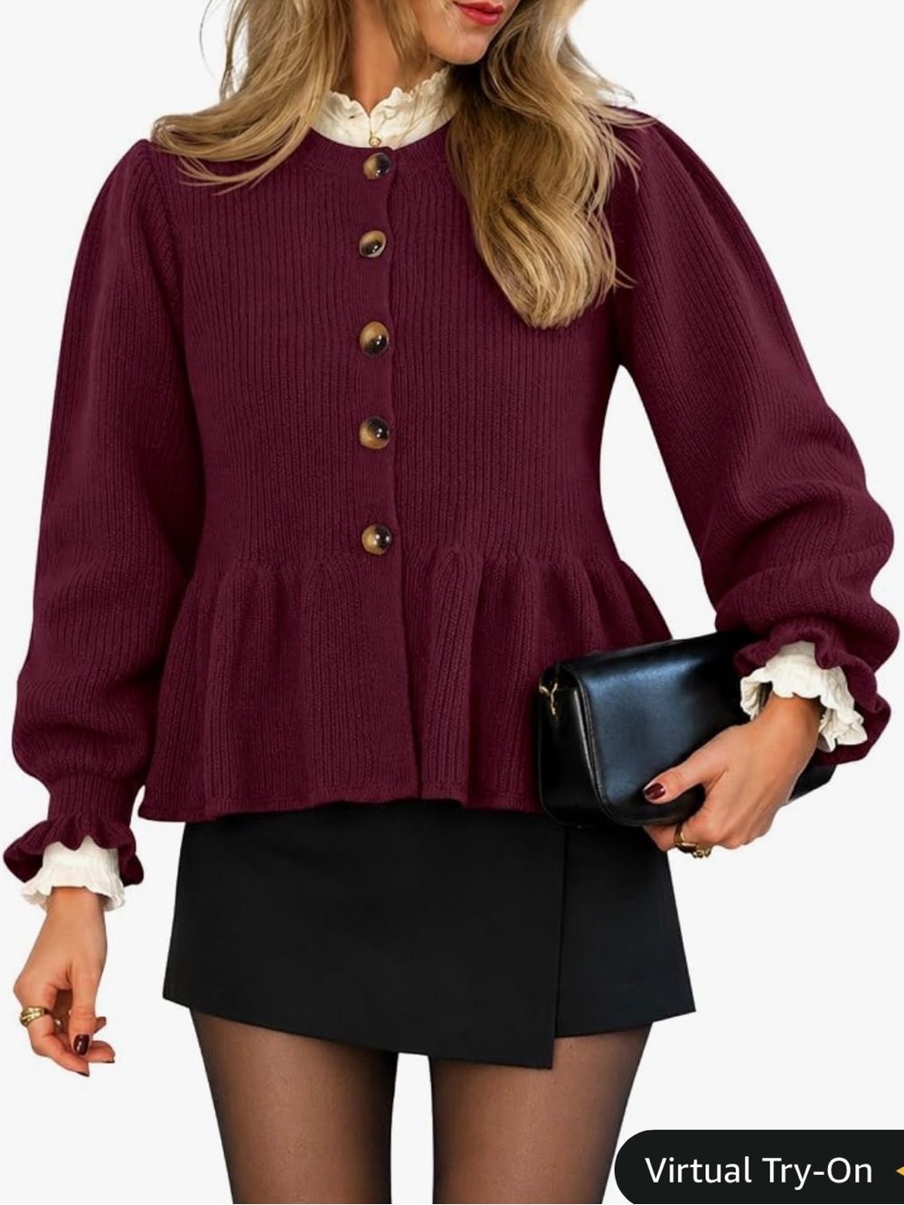 Women's Burgundy Button-Peplum Knit Jacket